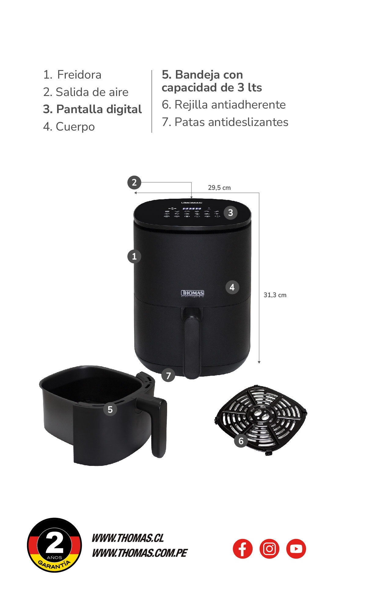 1. Freidora 2. Salida de aire 3. Pantalla digital 4. Cuerpo 5. Bandeja con capacidad de 3 lts 6. Rejilla antiadherente 7. Patas antideslizantes