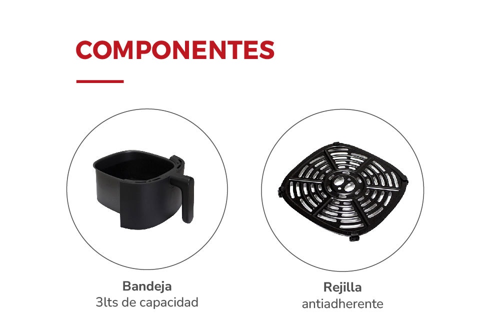 COMPONENTES Bandeja 3lts de capacidad. Rejilla antiadherente